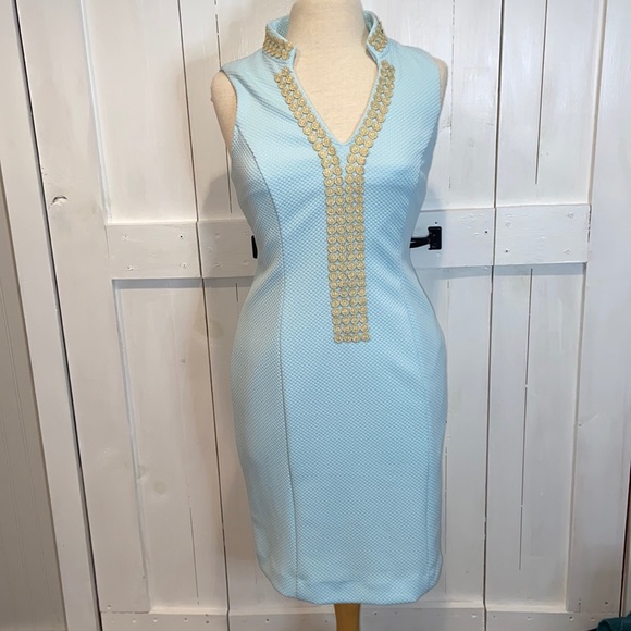 Papagallo Dresses & Skirts - Papagallo Light Blue and Gold Collared Dress